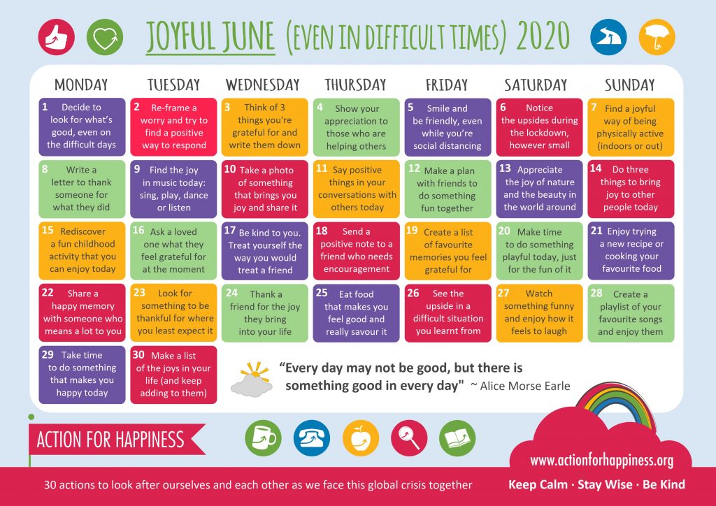 This Joyful June Calendar has daily actions for June 2020 to help us look for what's good even in difficult times. 